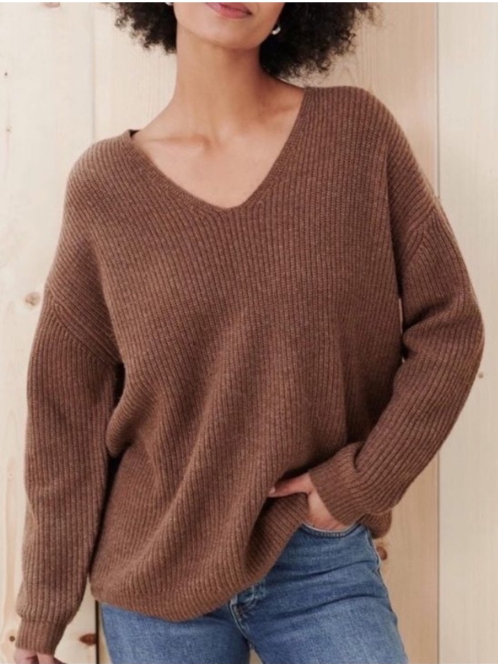 Jenni Kayne Cozy V-Neck Oversized Nutmeg Brown Knit Cabin Sweater Size XL Luxury